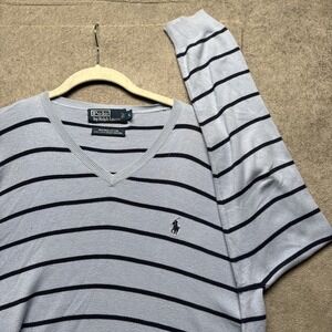 Polo Ralph Lauren Sweater Mens L Blue Stripe V Neck‎ Pullover Pony Prep Nautical